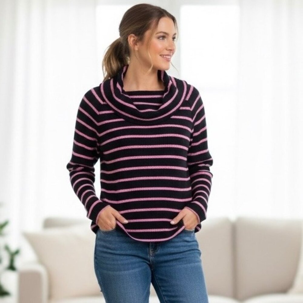 Talbots Navy Blue & Pink Striped Waffle Knit Cowl Neck Long Sleeve Top